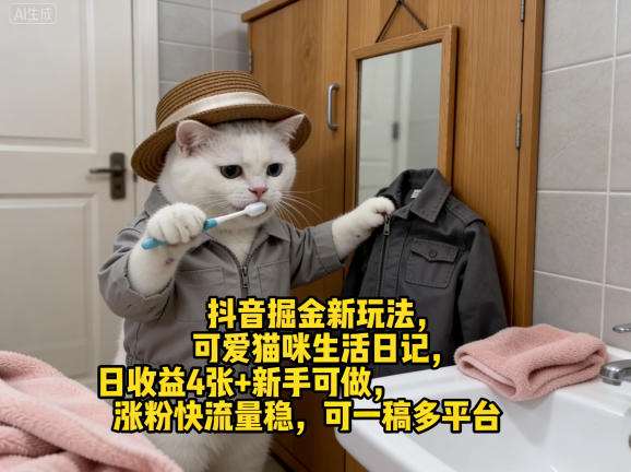 抖音掘金新玩法，可爱猫咪生活日记，日收益4张+新手可做，涨粉快流量稳，可一稿多平台-续财库