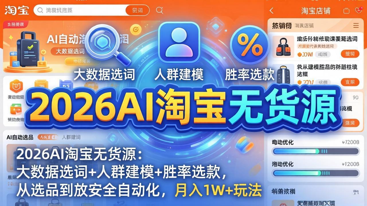 2026AI淘宝无货源-4月更新：大数据选词+人群建模+胜率选款，从选品到放大全自动化，月入1W+玩法-续财库