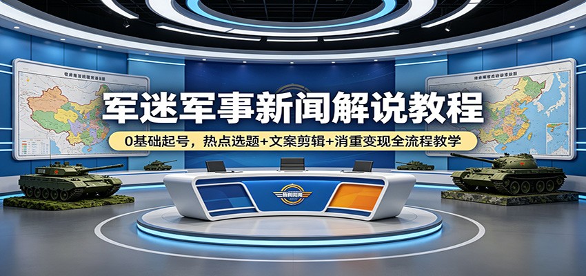 军迷军事新闻解说教程：0基础起号，热点选题+文案剪辑+消重变现全流程教学-续财库