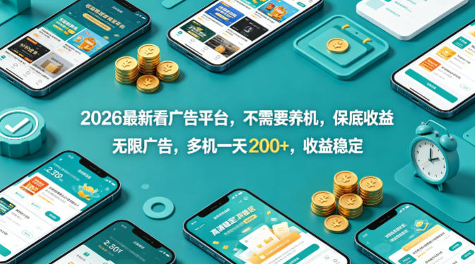 2026最新看广告平台，不需要养机，保底收益，无限广告，多机一天200+，收益稳定【揭秘】-续财库