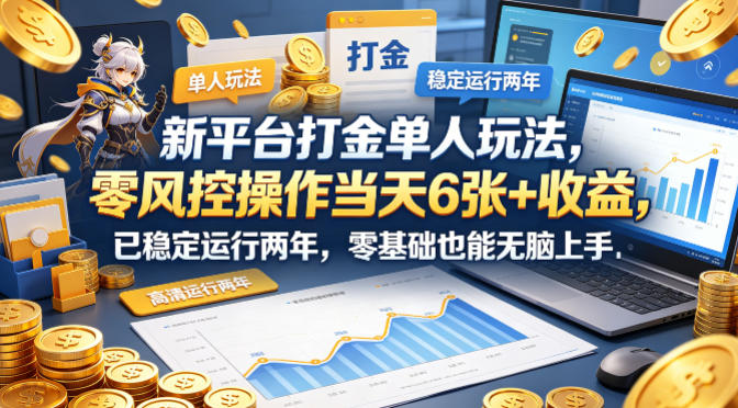 新平台打金单人玩法，零风控操作当天6张+收益，已稳定运行两年，零基础也能无脑上手【揭秘】-续财库