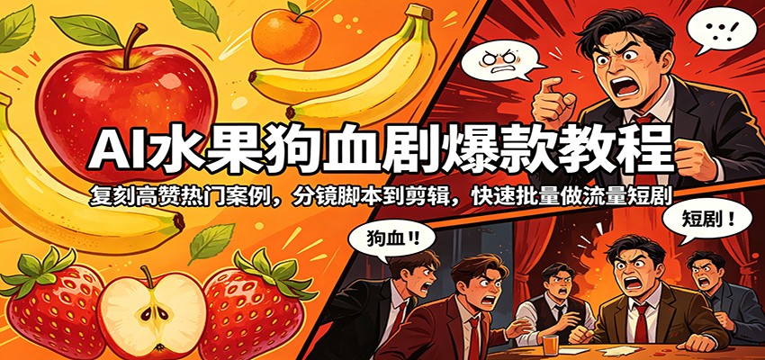 AI水果狗血剧爆款教程：复刻高赞热门案例，分镜脚本到剪辑，快速批量做流量短剧-续财库