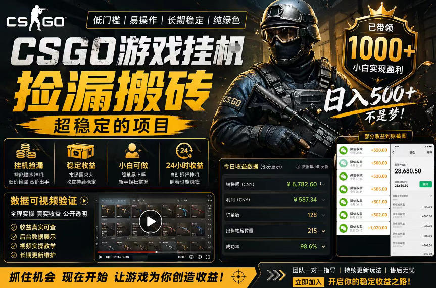 CSGO游戏搬砖，全自动挂G，不需要玩游戏，手机操作日入300+，解放双手【揭秘】-续财库