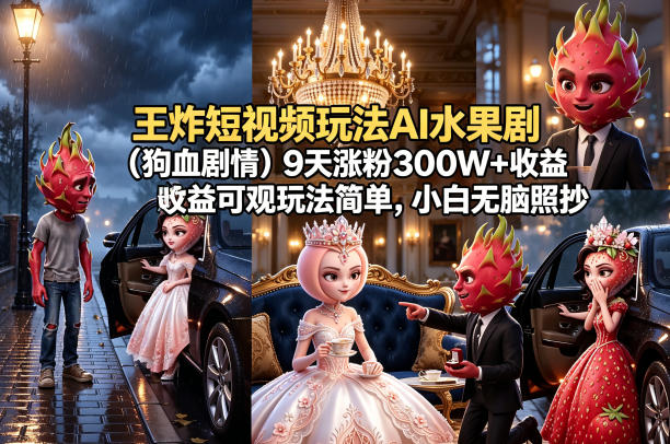 王炸短视频玩法AI水果剧(狗血剧情)9天涨粉300W+收益可观玩法简单，小白无脑照抄，详细拆解玩法-续财库