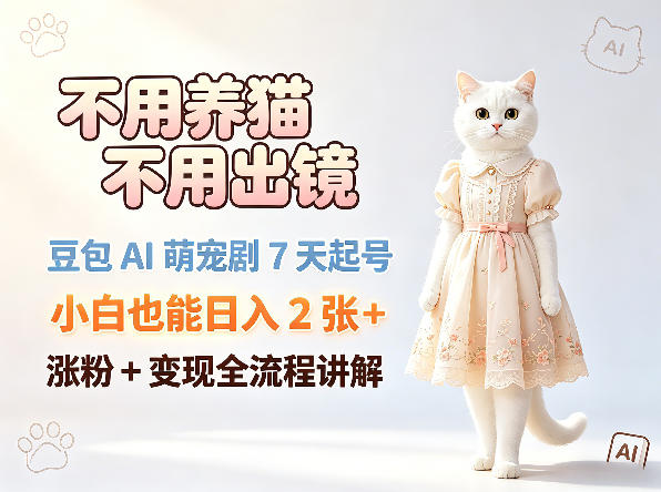 不用养猫不用出镜，豆包AI萌宠剧7天起号，小白也能日入2张+，涨粉+变现全流程讲解-续财库