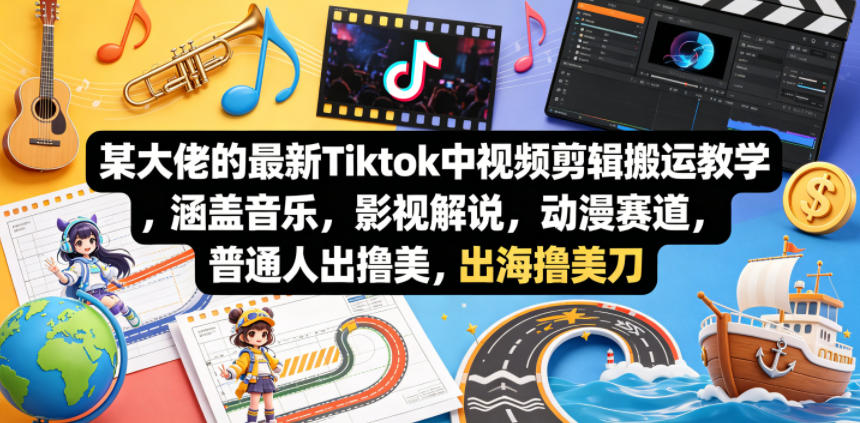 某大佬的最新Tiktok中视频剪辑搬运教学，涵盖音乐，影视解说，动漫赛道，普通人出海撸美刀-续财库