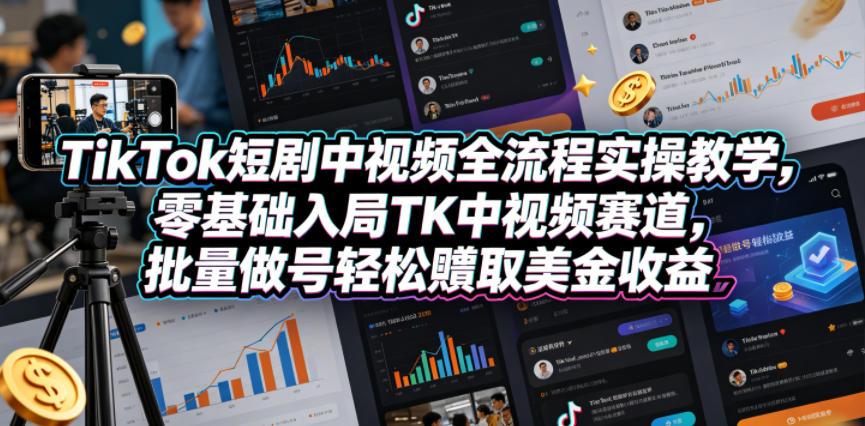 TikTok短剧中视频全流程实操教学,零基础入局TK中视频赛道,批量做号轻松賺取美金收益-续财库