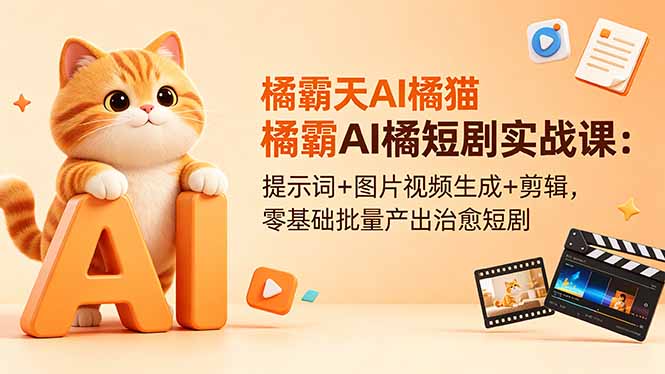橘霸天AI橘猫短剧实战课:提示词+图片视频生成+剪辑,零基础批量产出治愈短剧-续财库