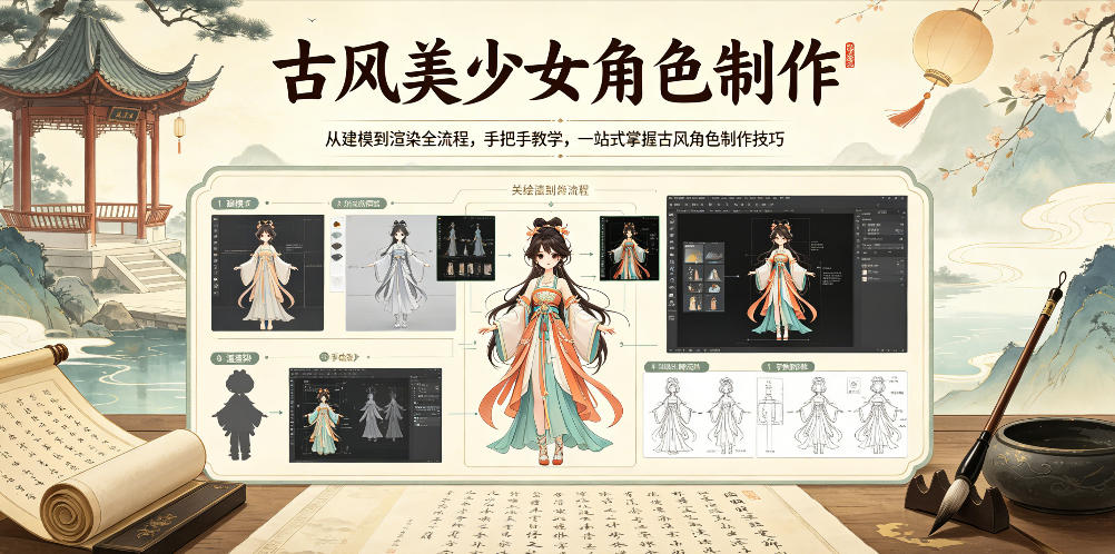 古风美少女角色制作，从建模到渲染全流程，手把手教学，一站式掌握古风角色制作技巧-续财库