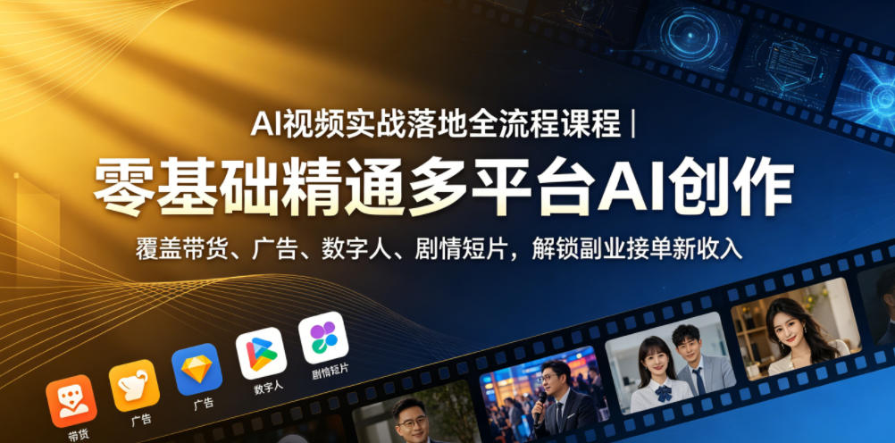 AI视频实战落地全流程课程｜零基础精通多平台AI创作，覆盖带货、广告、数字人、剧情短片，解锁副业接单新收入-续财库