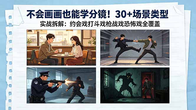 不会画画也能学分镜！30+场景类型实战拆解：约会戏打斗戏枪战戏恐怖戏全覆盖-续财库