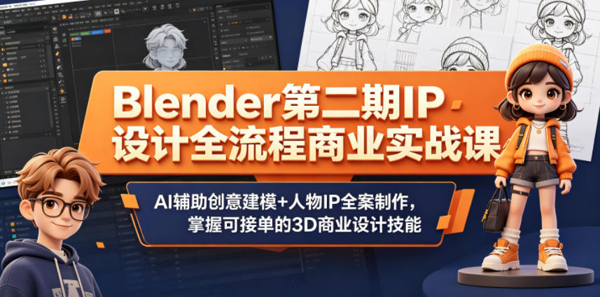 Blender第二期IP设计全流程商业实战课，AI辅助创意建模+人物IP全案制作，掌握可接单的3D商业设计技能-续财库