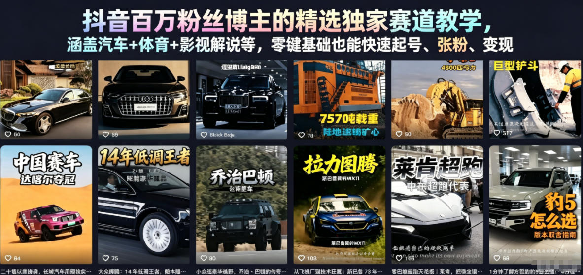 抖音百万粉丝博主的精选独家赛道教学,涵盖汽车+体育+影视解说等,零基础也能快速起号、涨粉、变现-续财库