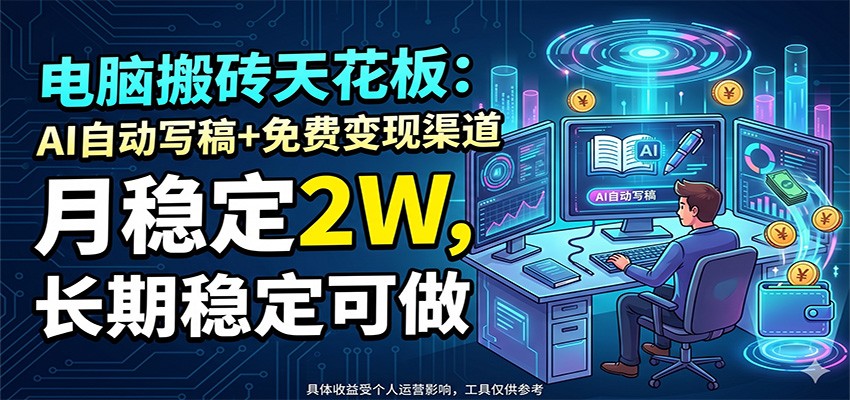 电脑搬砖天花板：AI自动写稿+免费变现渠道，月稳定2W，长期稳定可做-续财库