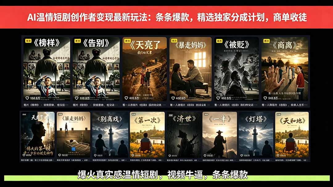 AI温情短剧创作者变现最新玩法：视频牛逼，条条爆款，精选独家分成计划，商单收徒-续财库
