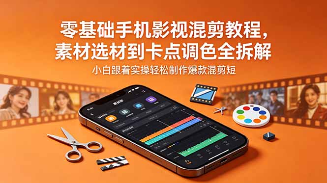 零基础手机影视混剪教程,素材选材到卡点调色全拆解,小白跟着实操轻松制作爆款混剪短片-续财库