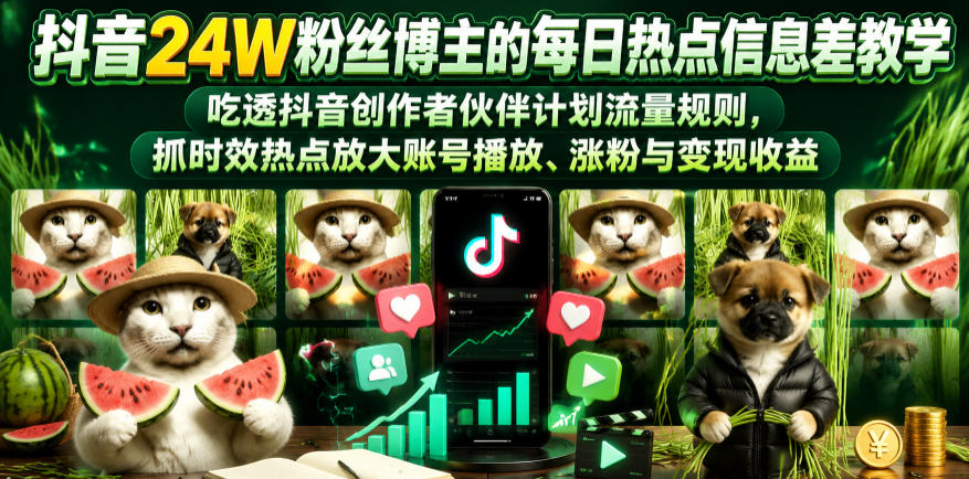 抖音24W粉丝博主的每日热点信息差教学,吃透创作者伙伴计划流量规则,抓时效热点放大账号播放、涨粉与变现收益-续财库