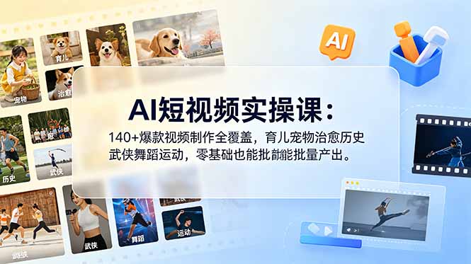 AI短视频实操课:140+爆款视频制作全覆盖,育儿宠物治愈历史武侠舞蹈运动,零基础也能批量产出-续财库