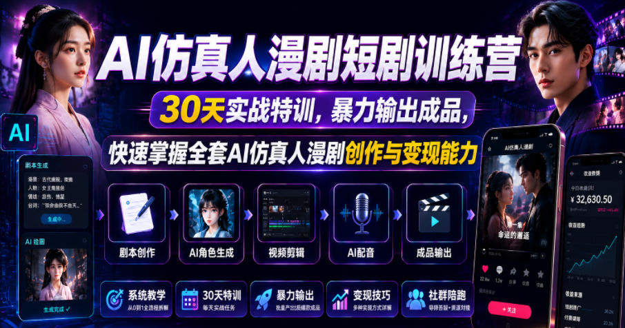 AI仿真人漫剧短剧训练营,30天实战特训,暴力输出成品,快速掌握全套AI仿真人漫剧创作与变现能力-续财库