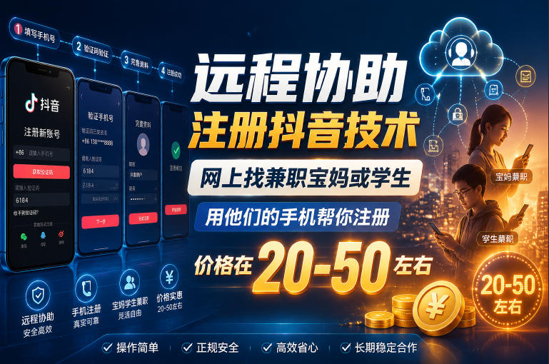 远程协助注册抖音技术,网上找兼职宝妈或学生,用他们的手机帮你注册,价格在20-50左右,具体操作流程-续财库