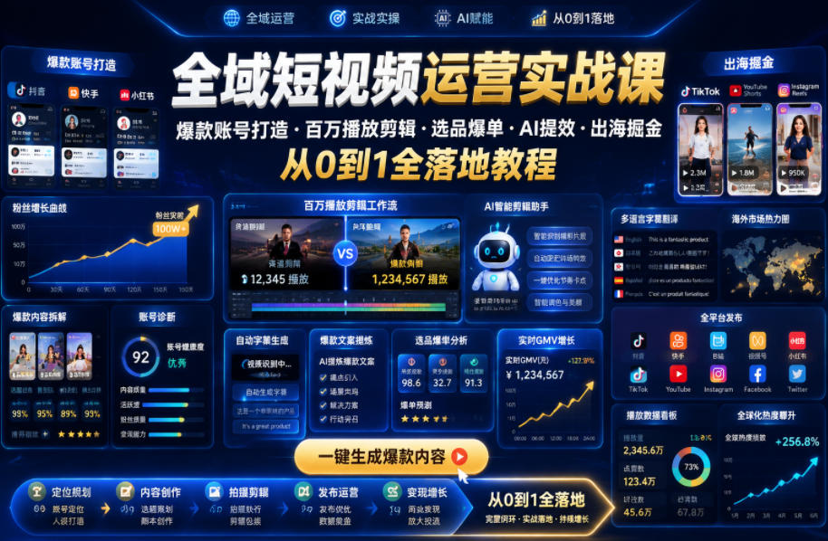 全域短视频运营实战课,爆款账号打造・百万播放剪辑・选品爆单・AI提效・出海掘金,从0到1全落地教程-续财库