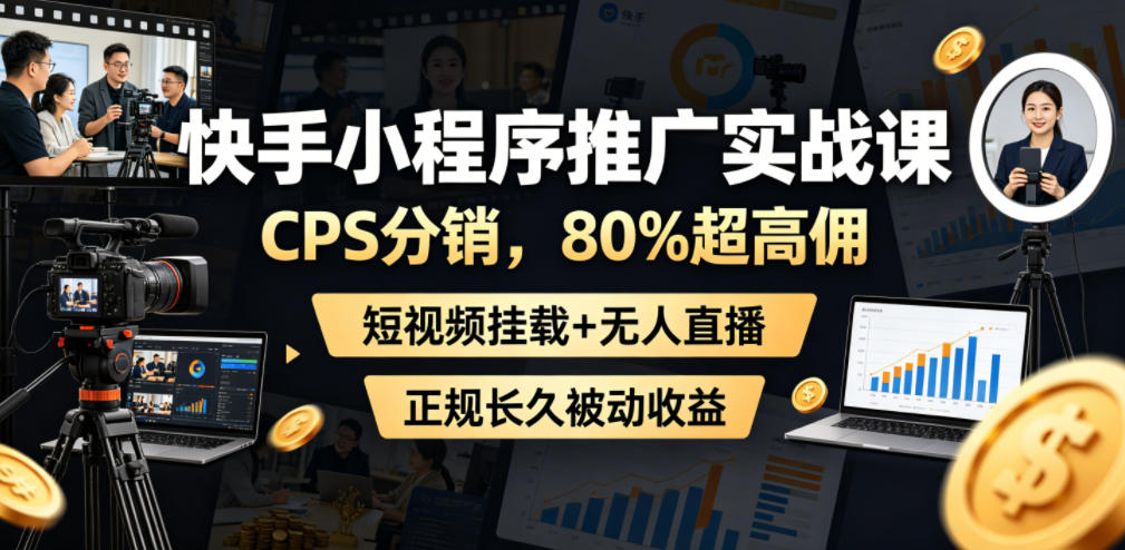 快手小程序推广实战课,CPS分销,80%超高佣,短视频挂载+无人直播,正规长久被动收益-续财库