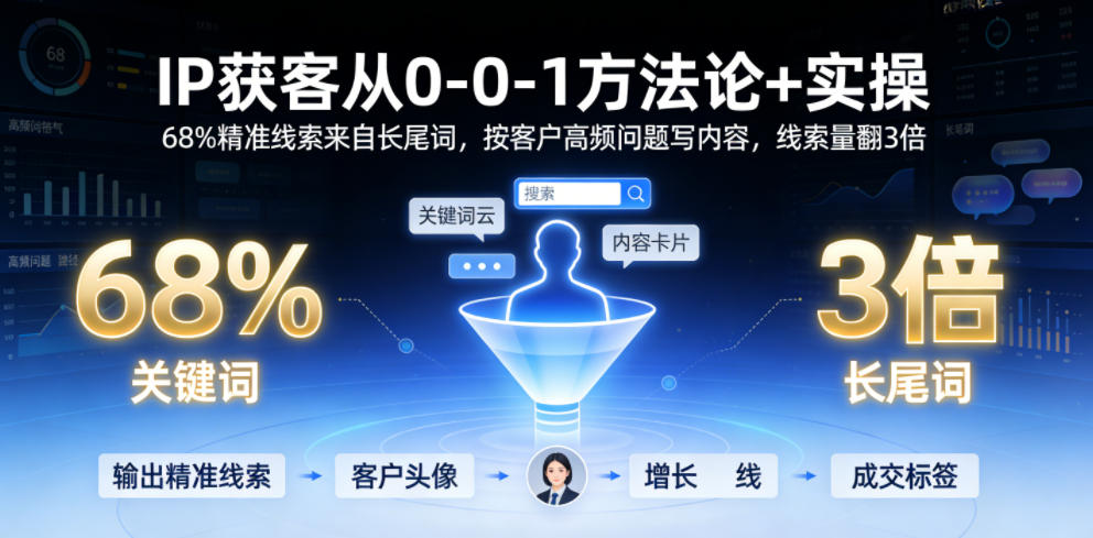 IP获客从0-1方法论+实操,68%精准线索来自长尾词,按客户高频问题写内容,线索量翻3倍-续财库