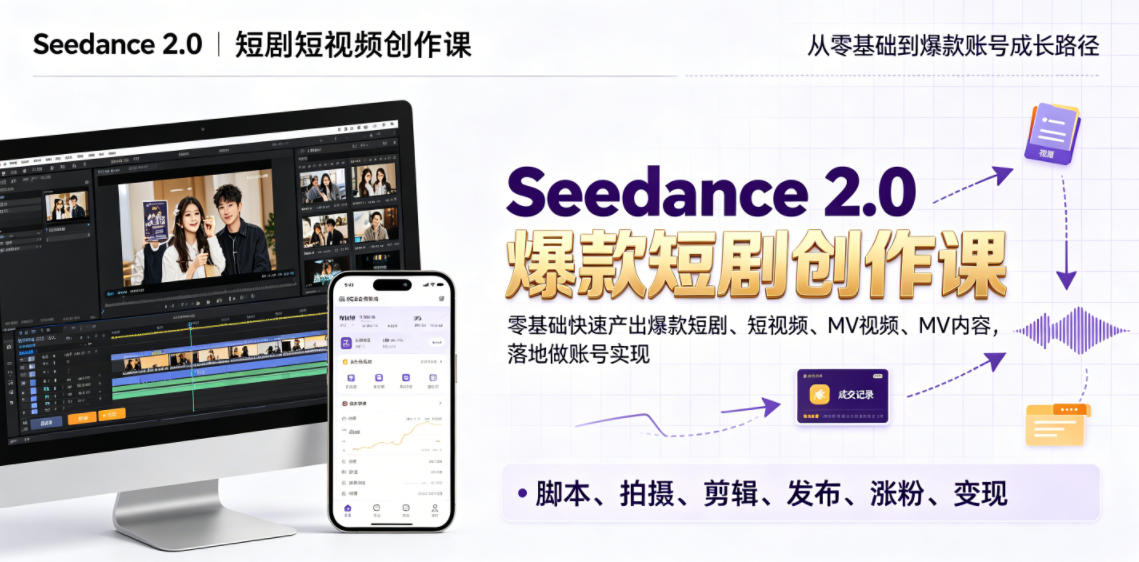 Seedance 2.0短剧短视频创作课,零基础快速产出爆款短剧、短视频、MV内容,落地做账号实现变现-续财库