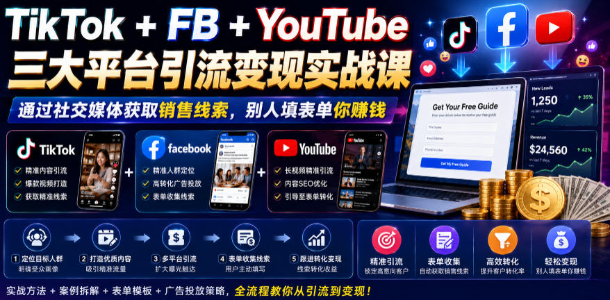 TikTok+FB+YouTube三大平台引流变现实战课,通过社交媒体获取销售线索,别人填表单你賺钱【原创双语字幕】-续财库