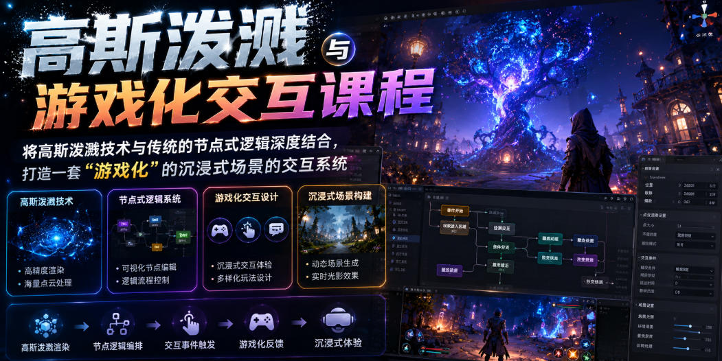 高斯泼溅与游戏化交互课程，将高斯泼溅技术与传统的节点式逻辑深度结合，打造一套“游戏化”的沉浸式场景的交互系统-续财库