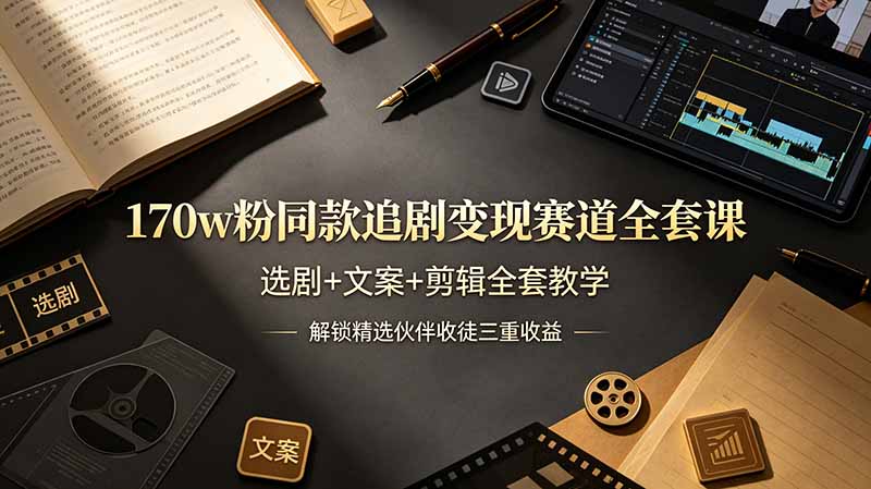 170w粉博主同款追剧变现赛道全套课，选剧+文案+剪辑全套教学，解锁精选伙伴收徒三重收益-续财库