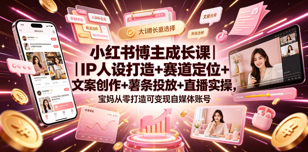 小红书博主成长课|IP人设打造+赛道定位+文案创作+薯条投放+直播实操,宝妈从零打造可变现自媒体账号-续财库