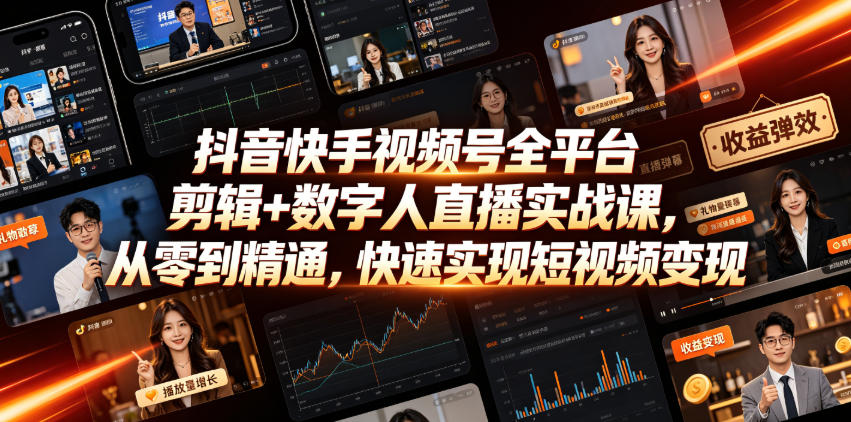 抖音快手视频号全平台剪辑+数字人直播实战课，从零到精通，快速实现短视频变现(更新2026年6月)​-续财库