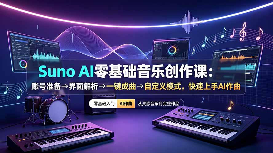 Suno AI零基础音乐创作课:账号准备→界面解析→一键成曲→自定义模式,快速上手AI作曲-续财库