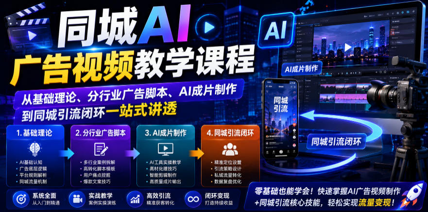同城AI广告视频教学课程,从基础理论、分行业广告脚本、AI成片制作到同城引流闭环一站式讲透-续财库