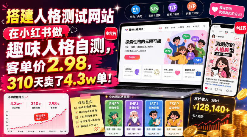 搭建人格测试网站在小红书做趣味人格自测,客单价2.98,310天卖了4.3w单!-续财库