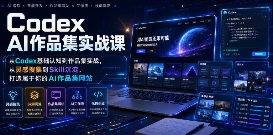 Codex AI作品集实战课，从Codex基础认知到作品集实战，从灵感搜集到Skill沉淀，打造属于你的AI作品集网站-续财库