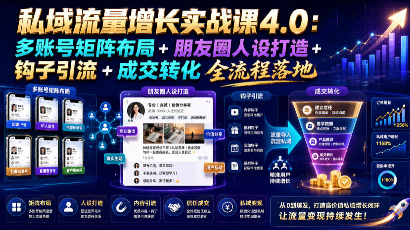 私域流量增长实战课4.0：多账号矩阵布局+朋友圈人设打造+钩子引流+成交转化全流程落地-续财库