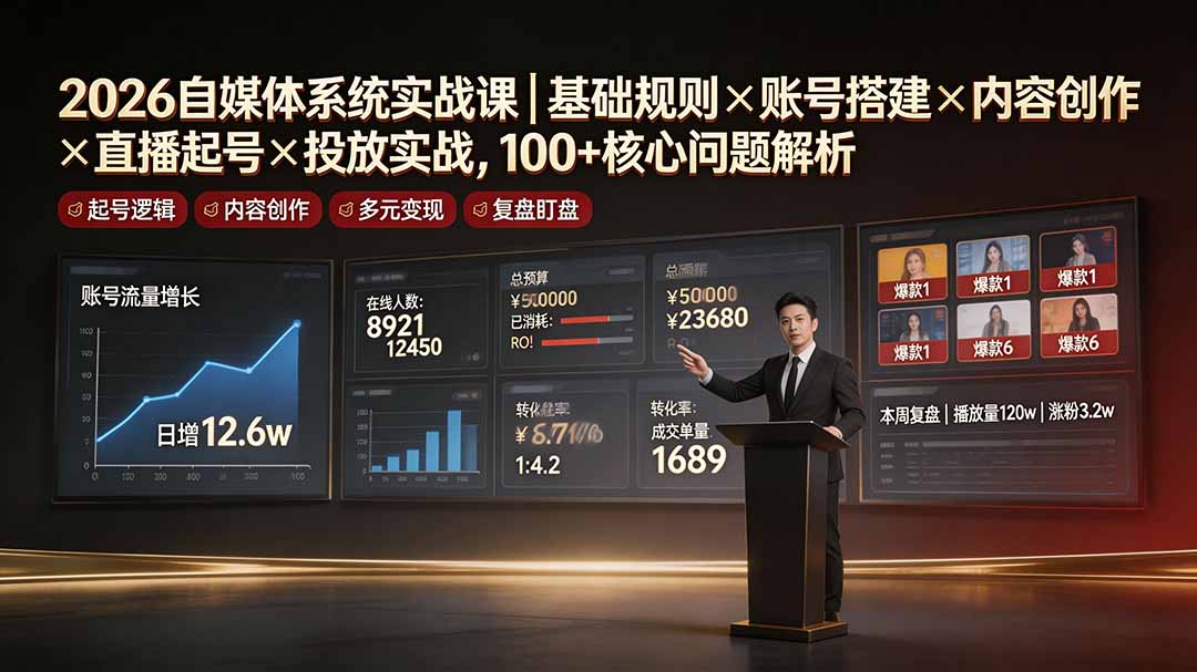 2026自媒体系统实战课｜基础规则×账号搭建×内容创作×直播起号×投放实战，100+核心问题解析-续财库