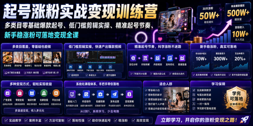苗子起号涨粉实战变现训练营，多类目零基础爆款起号、精准起号节奏、新手稳涨粉可落地变现全课(更新0719)-续财库