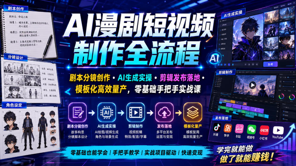 AI漫剧短视频制作全流程|剧本分镜创作・AI生成实操・剪辑发布落地・模板化高效量产,零基础手把手实战课-续财库