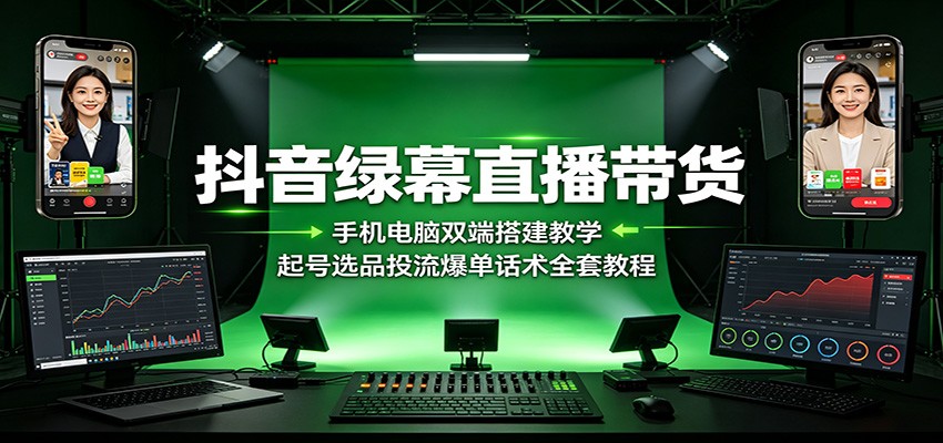 抖音绿幕直播带货：手机电脑双端搭建教学，起号选品投流爆单话术全套教程-续财库