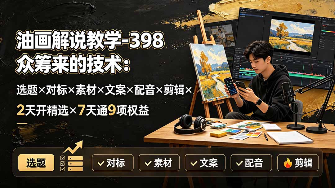 油画解说教学-398众筹来的技术:选题×对标×素材×文案×配音×剪辑×2天开精选×7天通9项权益-续财库