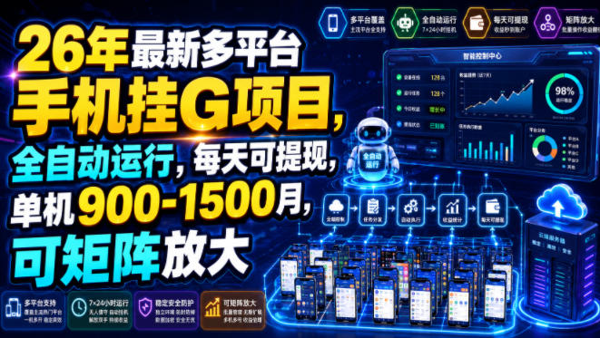 26年最新多平台手机挂G项目，全自动运行，每天可提现，单机900-1500月，可矩阵放大【揭秘】-续财库