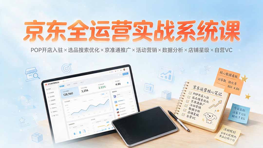 京东全运营实战系统课：POP开店入驻×选品搜索优化×京准通推广×活动营销×数据分析×店铺星级×自营VC-续财库