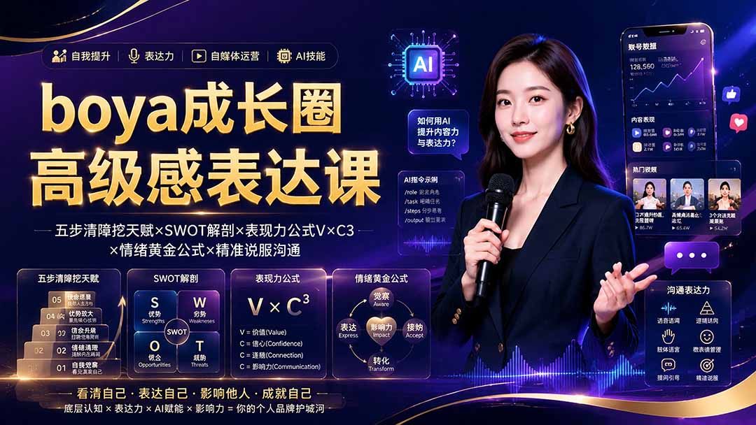 boya成长圈｜内心成长高级表达AI自媒体三合一，消解内耗挖掘天赋，镜头沟通AI指令短视频全流程教学-续财库