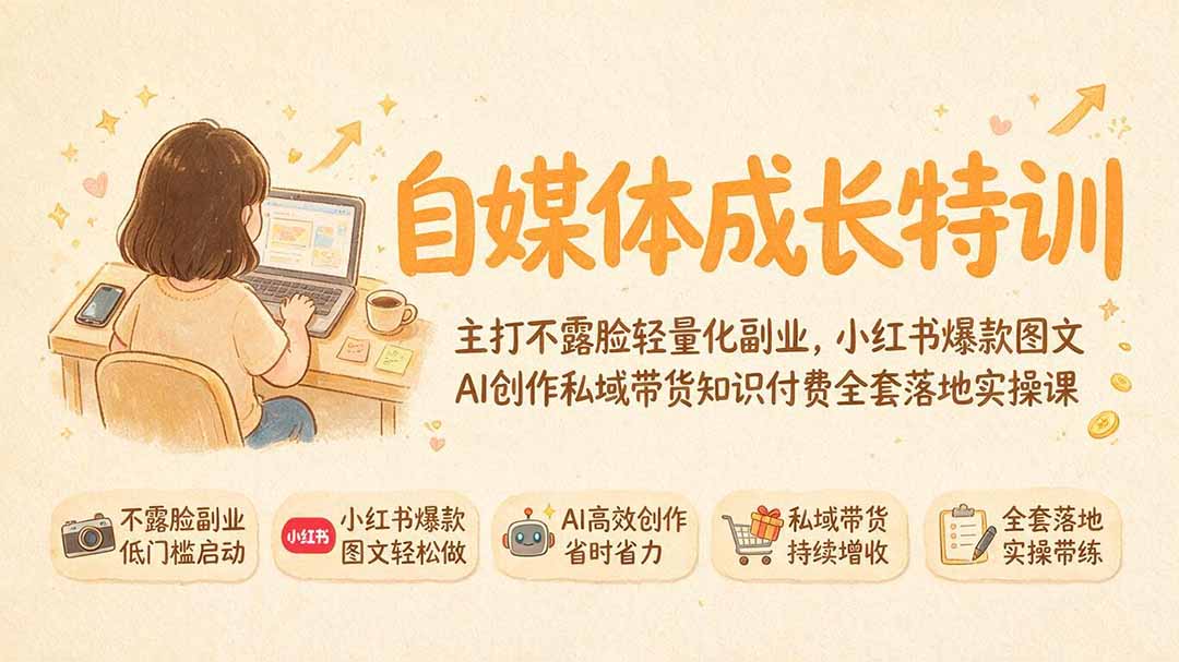自媒体成长特训｜主打不露脸轻量化副业，小红书爆款图文AI创作私域带货知识付费全套落地实操课-续财库