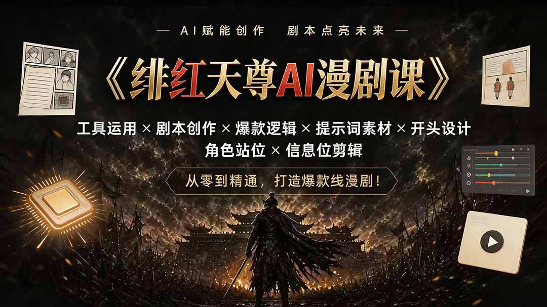 绯红天尊AI漫剧课｜工具运用×剧本创作×爆款逻辑×提示词素材×开头设计×角色站位×信息位剪辑-续财库