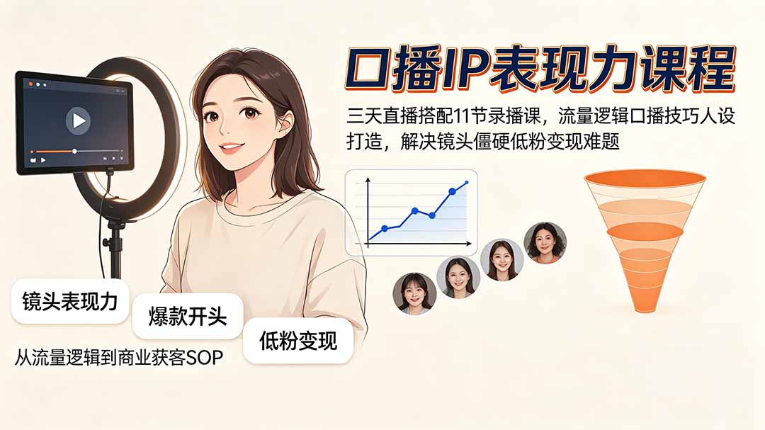 口播IP表现力课程｜三天直播搭配11节录播课，流量逻辑口播技巧人设打造，解决镜头僵硬低粉变现难题-续财库