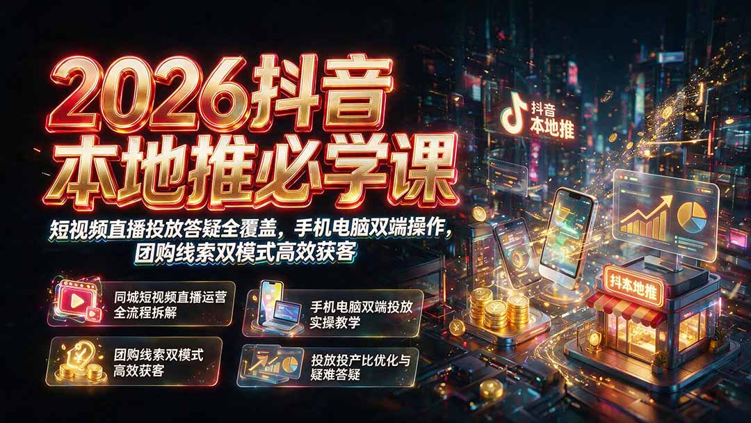 2026抖音本地推必学课｜短视频直播投放答疑全覆盖，手机电脑双端操作，团购线索双模式高效获客-续财库